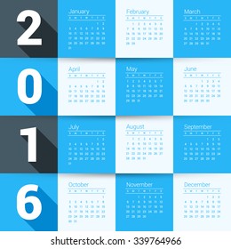 Vector Design Print Template. Calendar for 2016 Year. Week Starts Sunday