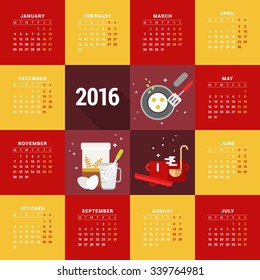 Vector Design Print Template. Calendar for 2016 Year. Week Starts Monday. Flat Style Vector Illustrations. Food and Cooking