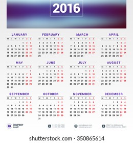 Vector Design Print Template. Calendar for 2016 Year. Week Starts Monday