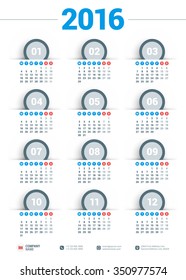 Vector Design Print Template. Calendar for 2016 Year. Week Starts Monday