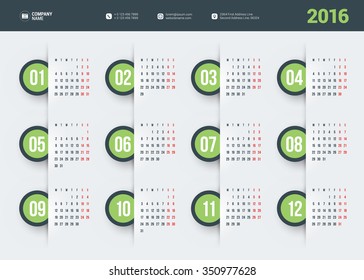 Vector Design Print Template. Calendar for 2016 Year. Week Starts Monday