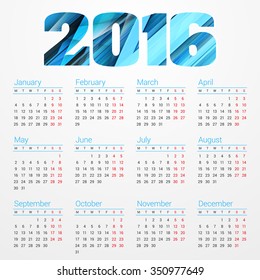 Vector Design Print Template. Calendar for 2016 Year. Week Starts Monday