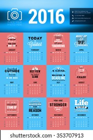 Vector Design Print Template with Motivational Quotes. Calendar for 2016 Year. Week Starts Sunday