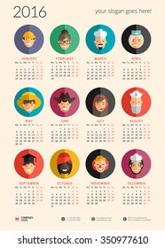 Vector Design Print Template with People Avatar Set. Calendar for 2016 Year. Week Starts Monday
