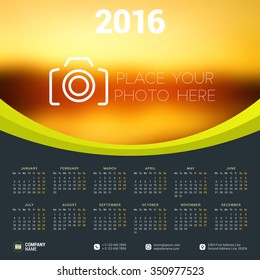 Vector Design Print Template with Place for Photo. Calendar for 2016 Year. Week Starts Monday