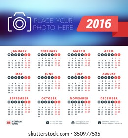 Vector Design Print Template with Place for Photo. Calendar for 2016 Year. Week Starts Monday