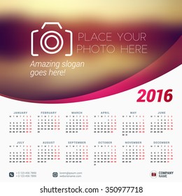 Vector Design Print Template with Place for Photo. Calendar for 2016 Year. Week Starts Monday