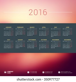 Vector Design Print Template with Place for Photo. Calendar for 2016 Year. Week Starts Monday