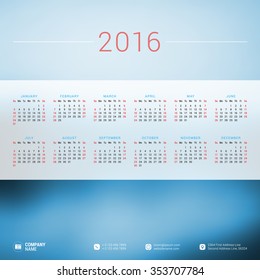 Vector Design Print Template with Place for Photo. Calendar for 2016 Year. Week Starts Sunday