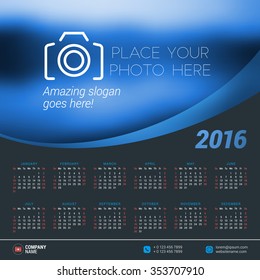 Vector Design Print Template with Place for Photo. Calendar for 2016 Year. Week Starts Sunday