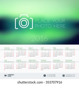Vector Design Print Template with Place for Photo. Calendar for 2016 Year. Week Starts Sunday