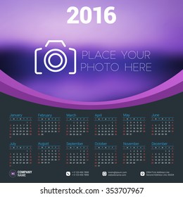 Vector Design Print Template with Place for Photo. Calendar for 2016 Year. Week Starts Sunday