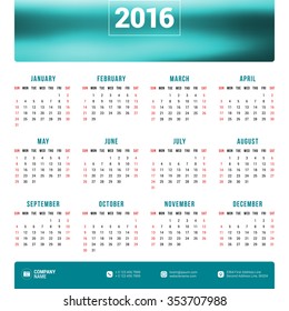 Vector Design Print Template with Place for Photo. Calendar for 2016 Year. Week Starts Sunday