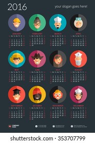 Vector Design Print Template. Poster Calendar for 2016 Year. Week Starts Sunday