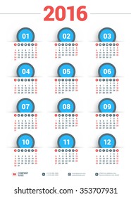 Vector Design Print Template. Poster Calendar for 2016 Year. Week Starts Sunday