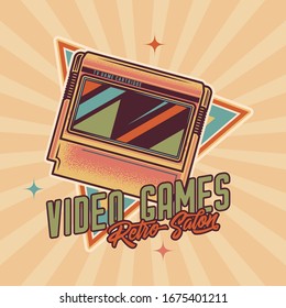 Vektorillustration-Design eines Print-T-Shirts. Nostalgie seit 80 Jahren. 8-Bit-Konsolen-Spielpatrone.