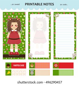 Vector design of printable notes, cover and pages, with line and without. Little stickers or bookmarks with cute kid design. Kawaii anime girl art, festive colors. Green background. Printing notebook