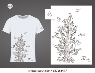 Vector design for printing on T-shirts: tree, bird, nature, doodle. Eps10 file comfortable for editing. 