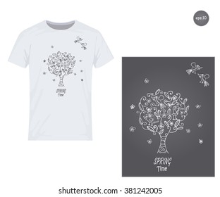 Vector design for printing on T-shirts: tree, bird, nature, doodle. Eps10 file comfortable for editing. 

