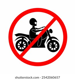 Diseño de Vector de una ilustración de icono de logotipo de signo de prohibición que indica que no se permiten motocicletas. Con la silueta de un motociclista dentro de un círculo rojo con líneas diagonales.