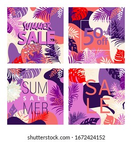 Vector design promotional banner templates tropical leaves and chameleon. Vector illustrations for website and mobile website banners, posters, email and newsletter designs, ads, promotional material.