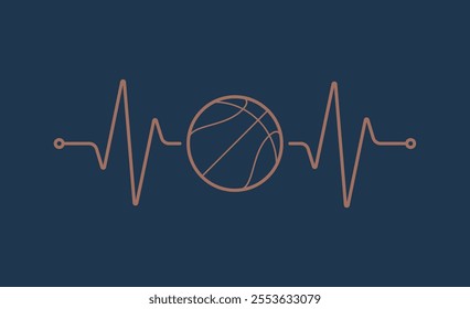 Vector design of pulse symbol of beating heart with basketball ball. Isolated on blue background