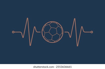 Vector design of pulse symbol of beating heart with soccer ball. Isolated on blue background