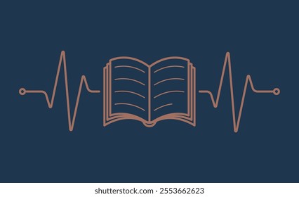 Vector design of pulse symbol of beating heart with open book. Isolated on blue background