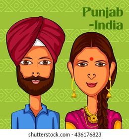 Vector design of Punjabi Couple in traditional costume of Punjab, India