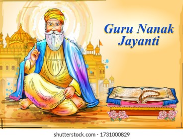 Vector design of Punjabi festival Guru Nanak Jayanti celebrating birthday of tenth guru and founder of Sikhism, Baba Nanak