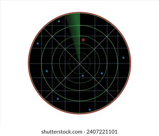 vector design of a radar or detection device commonly used on ships, airplanes and in the military, round black with green lines