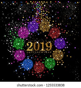 A vector design of rainbow color baubles in a circular format with New Year 2019 text in the center
