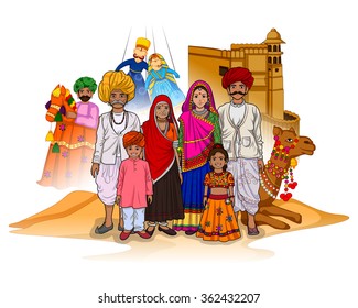 Vector design of Rajasthani family showing culture of Rajasthan, India