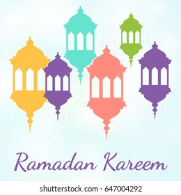 Vector design for Ramadan Kareem greetings in flat style. Ramadan Kareem lantern. Glow arabic illustration, Ramadan invitation card on a glow background.