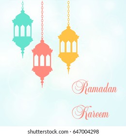 Vector design for Ramadan Kareem greetings in flat style. Ramadan Kareem lantern. Glow arabic illustration, Ramadan invitation card on a glow background.