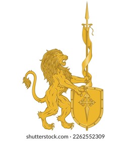 Vector design of rampant lion with medieval pennant and shield, Armed lion with spear and shield, heraldic symbol of European Middle Ages