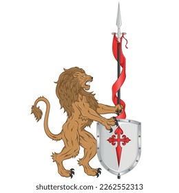 Vector design of rampant lion with medieval pennant and shield, Armed lion with spear and shield, heraldic symbol of European Middle Ages