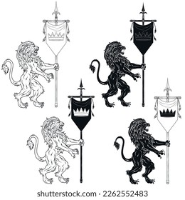 Vector design of rampant lion with medieval pennant, heraldic symbol of European Middle Ages