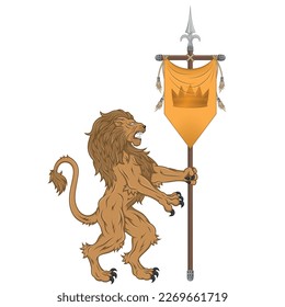 Diseño vectorial de león desenfrenado con inclinación medieval, símbolo heráldico de la Edad Media Europea