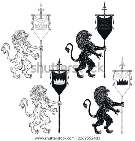Vector design of rampant lion with medieval pennant, heraldic symbol of European Middle Ages
