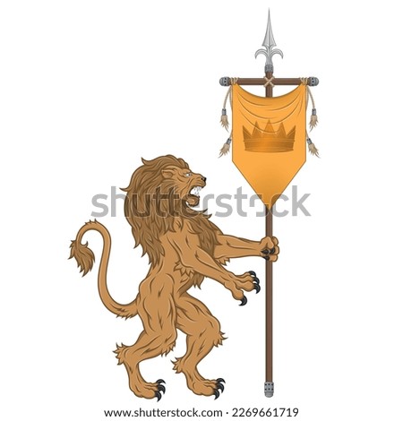 Vector design of rampant lion with medieval pennant, heraldic symbol of European Middle Ages