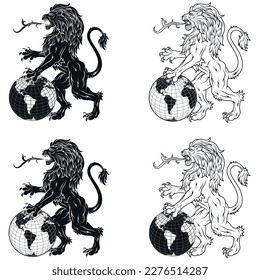 Vector design of rampant lion with the planet between its paws, heraldic lion with earth sphere, heraldic symbol of the European Middle Ages