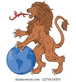 Vector design of rampant lion with the planet between its paws, heraldic lion with earth sphere, heraldic symbol of the European Middle Ages