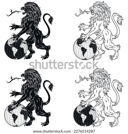 Vector design of rampant lion with the planet between its paws, heraldic lion with earth sphere, heraldic symbol of the European Middle Ages