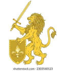 Vektordesign eines Rampenlions mit Schwert und Schild, heraldisches Symbol des europäischen Mittelalters