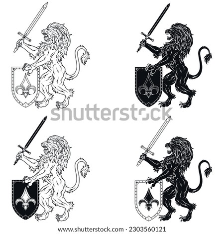 Vector design of rampant lion with sword and shield, heraldic symbol of European Middle Ages
