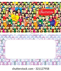 Vector design of rectangular greeting card or invitation and other with the image of a crowd of people of different ages in colorful clothes in the fun cartoon style