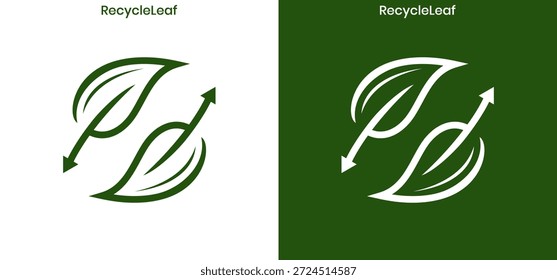 Diseño de Vector de una combinación de logotipo agrícola reciclado que representa el crecimiento sostenible y la interconexión con dos hojas que forman una flecha. Adecuado para materiales de marca ecológicos.