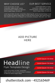 Vector design of the red and black flyer with place for picture. Vector template for your business in A4 size.