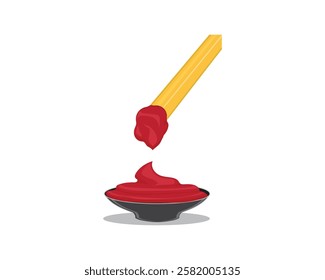 vector design of a red chili sauce in a black bowl and there is a golden yellow fried potato stick